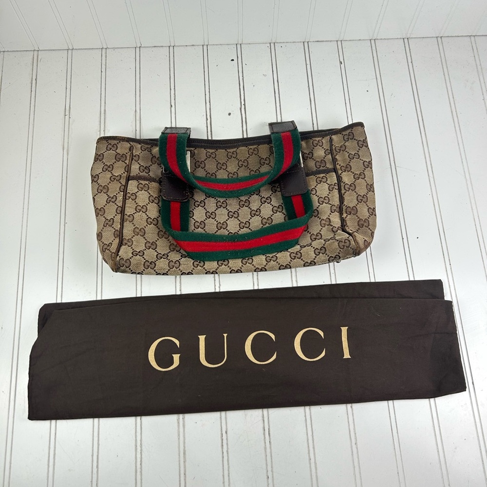 Gucci GG Vintage Iconic Monogram Canvas Web Sherry Line Pop Tote Bag Drawstring - Picture 10 of 14